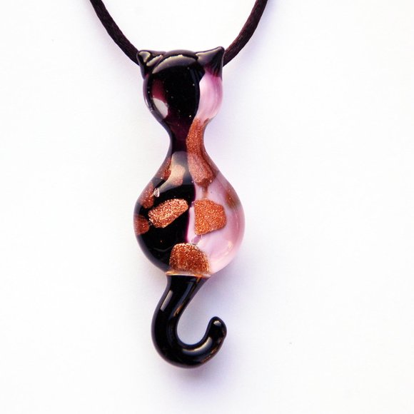 Murano Jewelry - Murano Glass Cat Pink Pendant Necklace Handmade